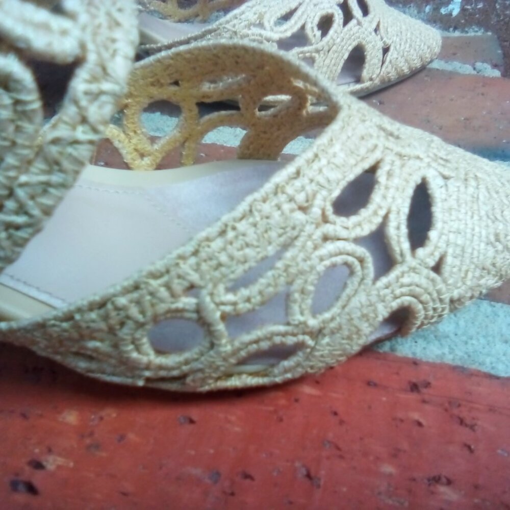 IMPO Slide on, Macrame/Crochet Mule 8.5 Handmade Natural Up. Blush Patent Heel - Picture 2 of 4